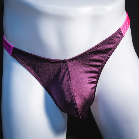 Men's purple and pink thong underwear, classic cut, front view.