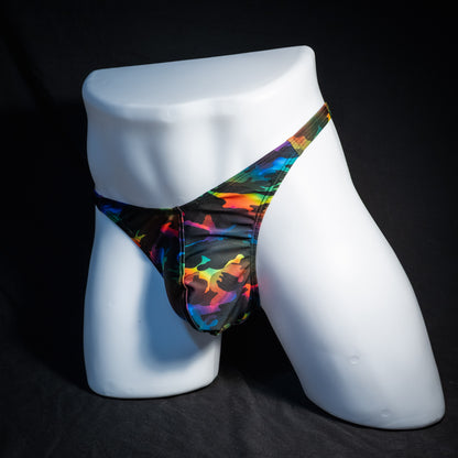 Men's rainbow camo thong underwear, classic cut, front view.