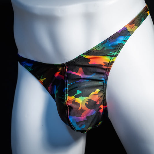 Men's rainbow camo thong underwear, classic cut, front view.