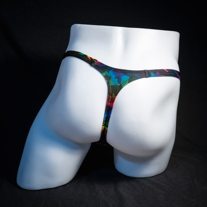 Men's rainbow camo thong underwear, classic cut, rear view.