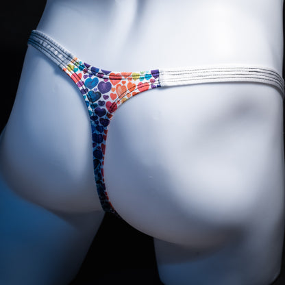 Men's rainbow hearts thong underwear, classic cut, Angled rear view