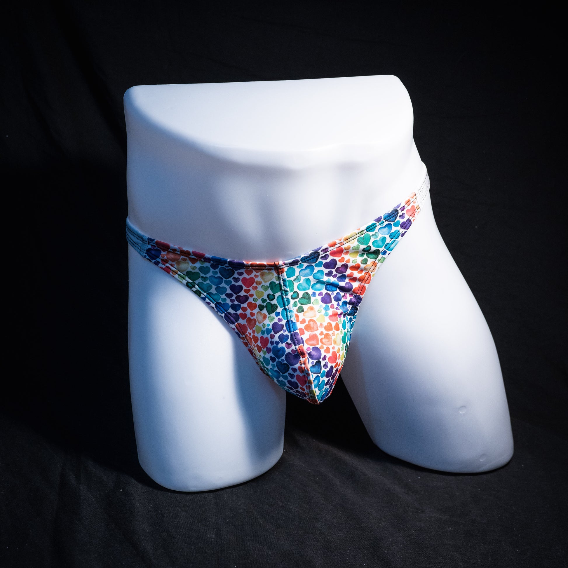 Men's rainbow hearts thong underwear, classic cut, Full front view