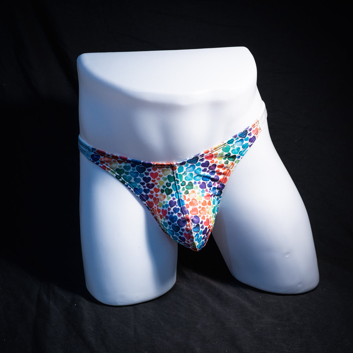 Men's rainbow hearts thong underwear, classic cut, Full front view