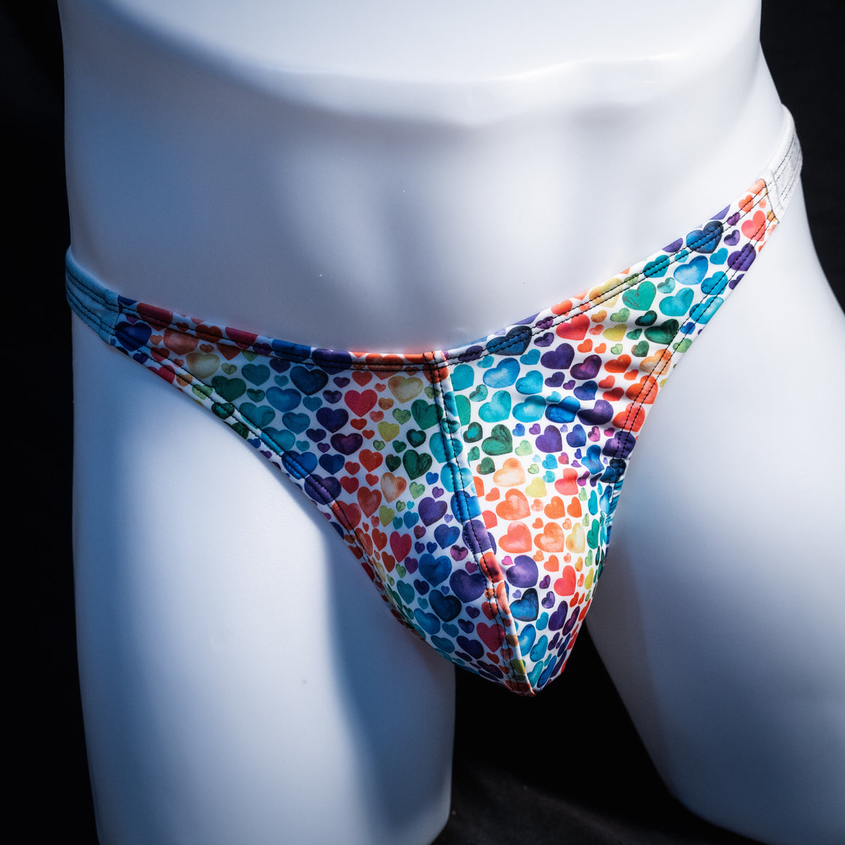 Men's rainbow hearts thong underwear, classic cut, Front view