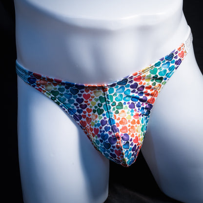 Men's rainbow hearts thong underwear, classic cut, Front view