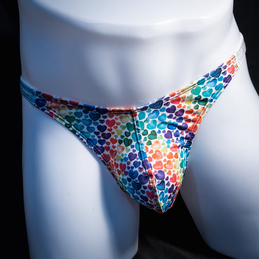 Men's rainbow hearts thong underwear, classic cut, Front view