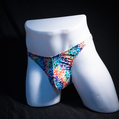 Men's rainbow hearts thong underwear, classic cut, Full angled front view