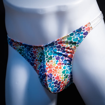 Men's rainbow hearts thong underwear, classic cut, Front angled view