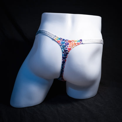 Men's rainbow hearts thong underwear, classic cut, Full rear view
