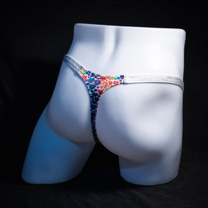 Men's rainbow hearts thong underwear, classic cut, Full angled rear view