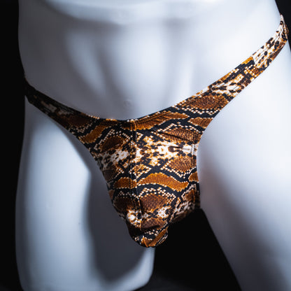 Men's rattlesnake print thong underwear, slim cut, front view.