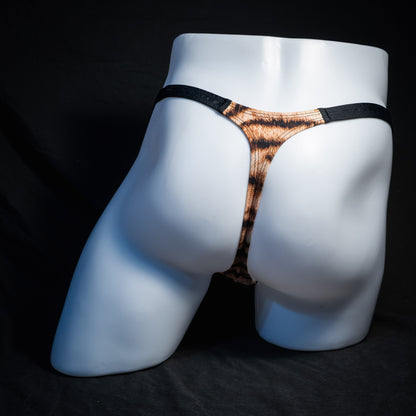 Men's tiger stripe thong underwear, classic cut, rear view.
