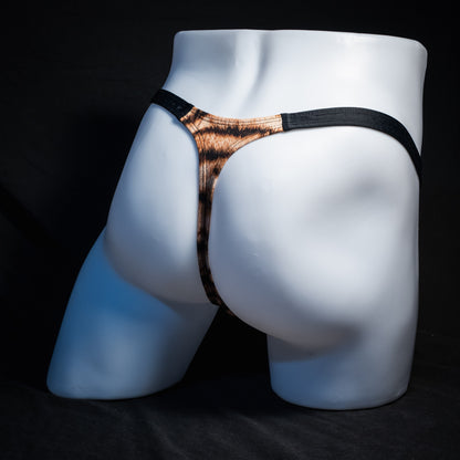Men's tiger stripe thong underwear, classic cut, rear view.