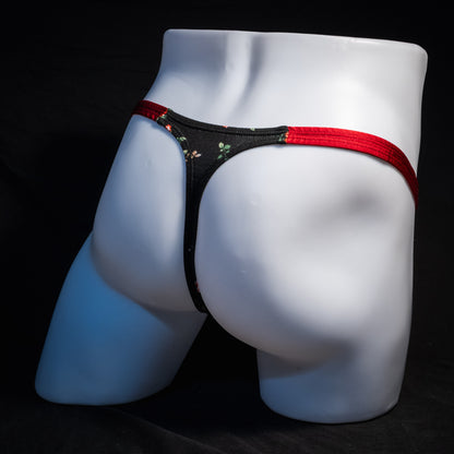 Men's red and black floral thong underwear, classic cut, rear view.