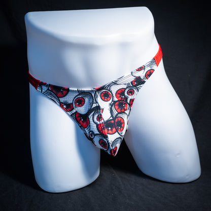 Men's red eyeball thong underwear, classic cut, front view.