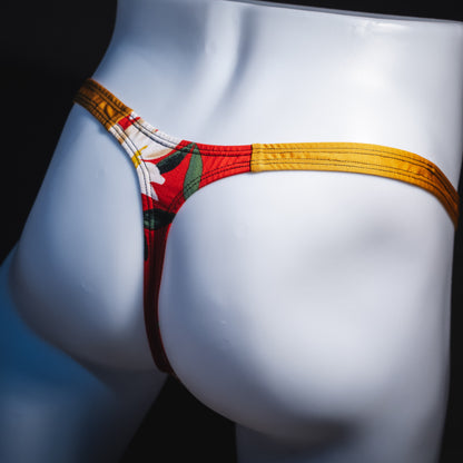 Men's red floral with gold straps thong underwear, classic cut, Angled rear view