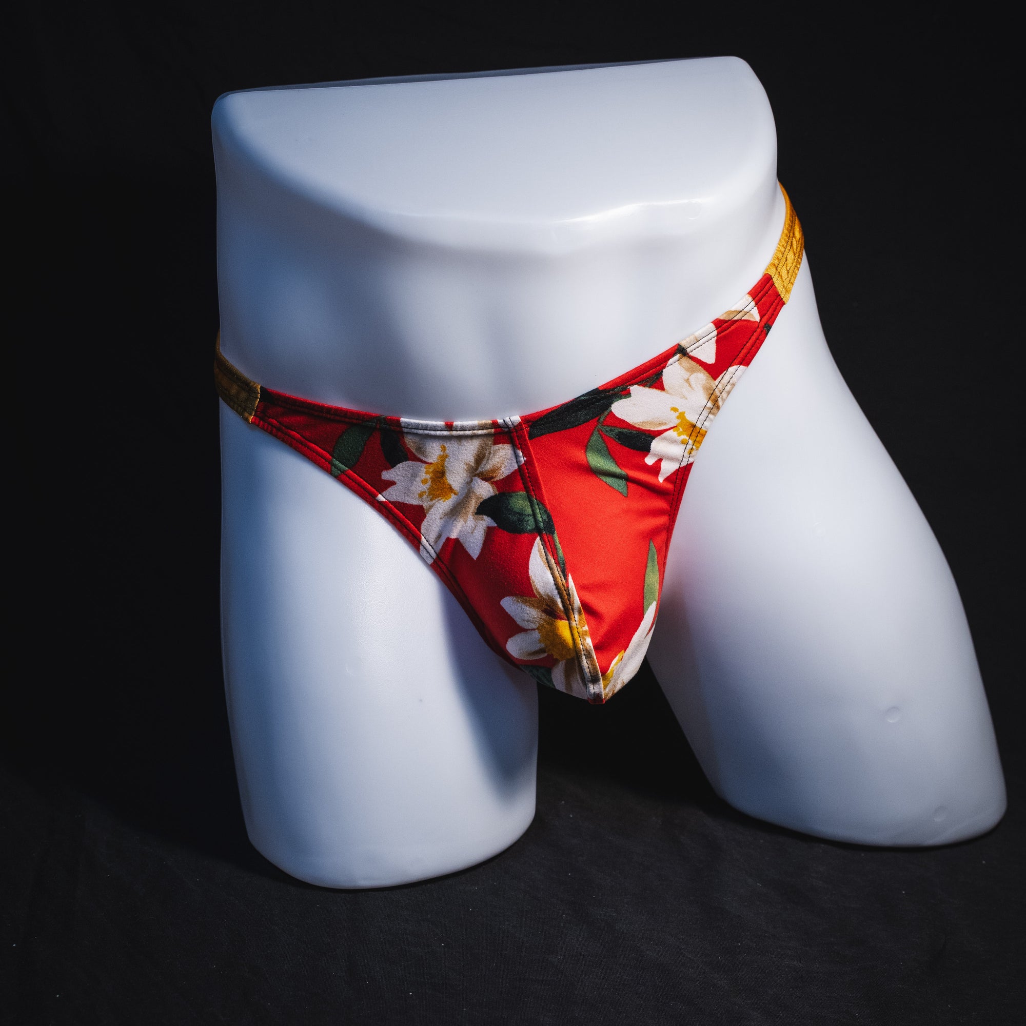 Men's red floral with gold straps thong underwear, classic cut, Full front view