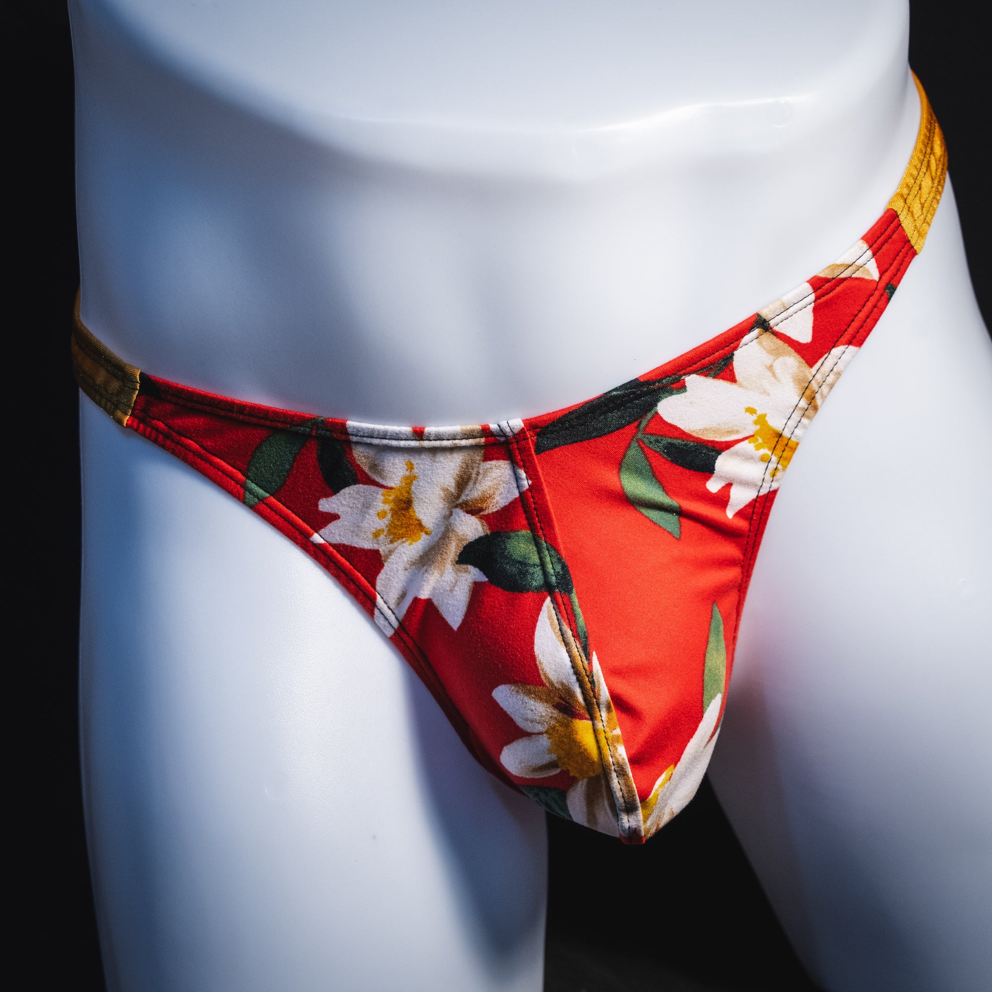Men's red floral with gold straps thong underwear, classic cut, Front view