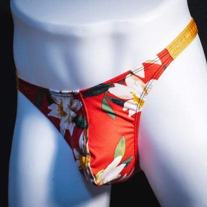 Men's red floral with gold straps thong underwear, classic cut, Front angled view