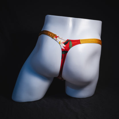 Men's red floral with gold straps thong underwear, classic cut, Full rear view
