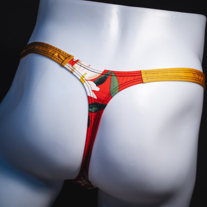 Men's red floral with gold straps thong underwear, classic cut, Rear view