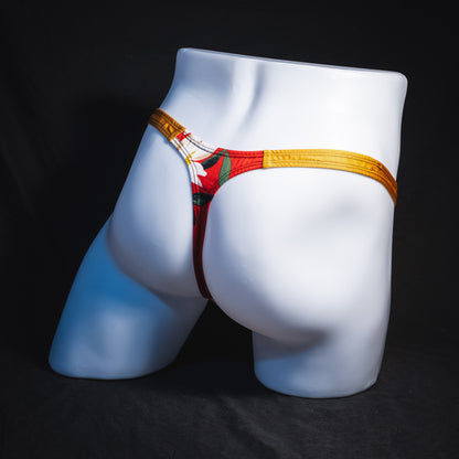 Men's red floral with gold straps thong underwear, classic cut, Full angled rear view