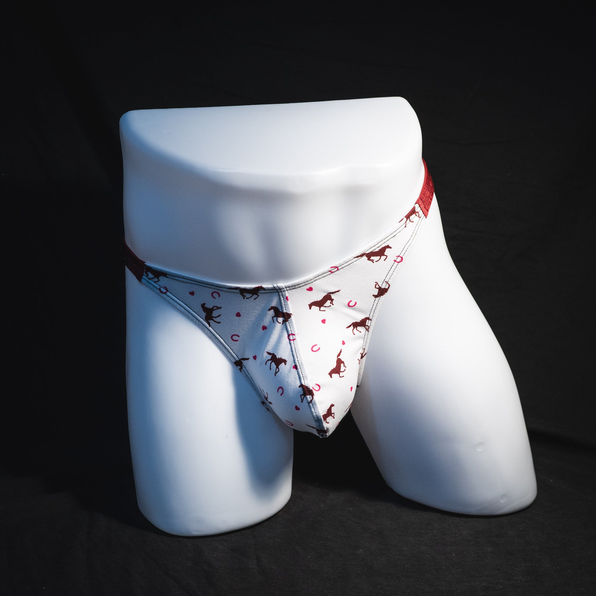 Men's red horses thong under, classic cut, Full front view