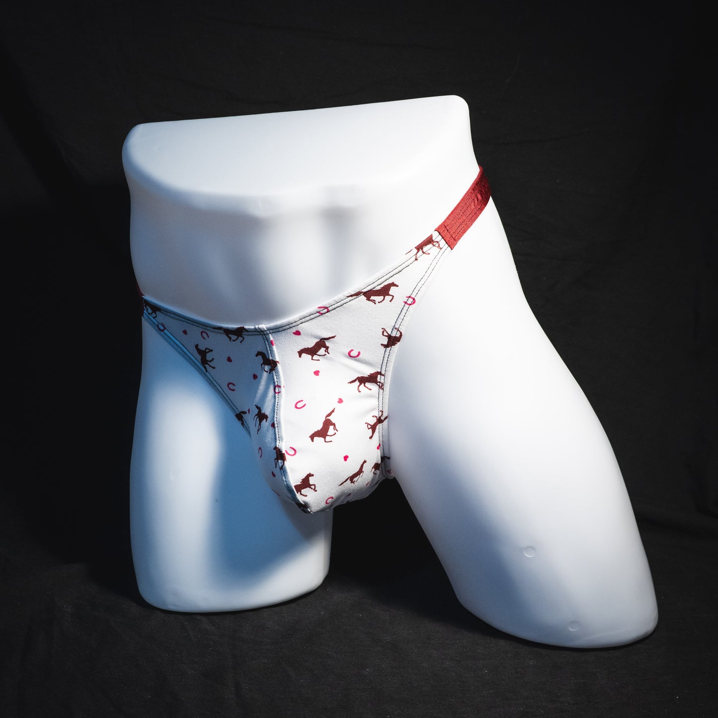 Men's red horses thong under, classic cut, Full front angled view