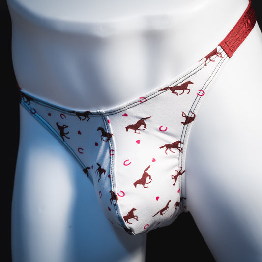 Men's red horses thong under, classic cut, Front angled view
