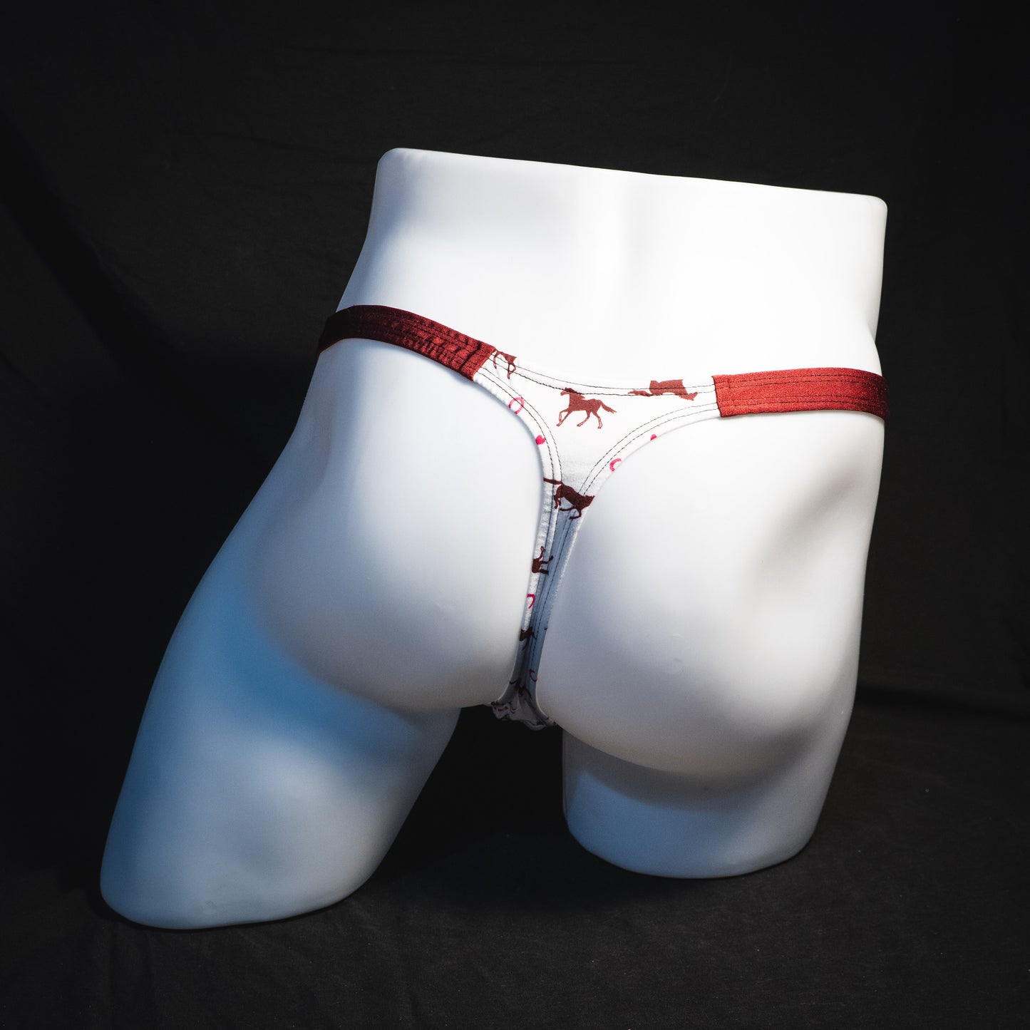 Men's red horses thong under, classic cut, Full rear view