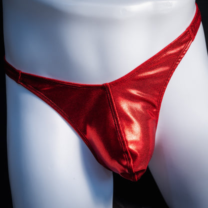 Men's red metallic thong underwear, classic cut, front view.