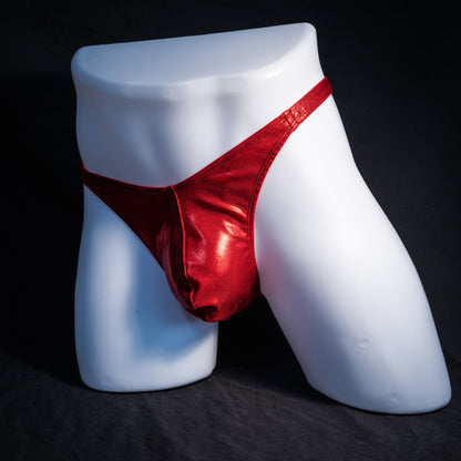 Men's red metallic thong underwear, classic cut, front view.