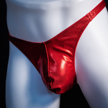 Men's red metallic thong underwear, classic cut, front view.