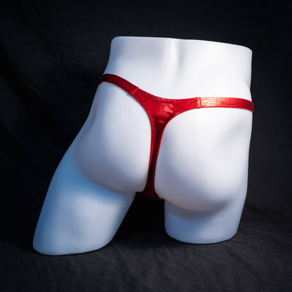 Men's red metallic thong underwear, classic cut, rear view.