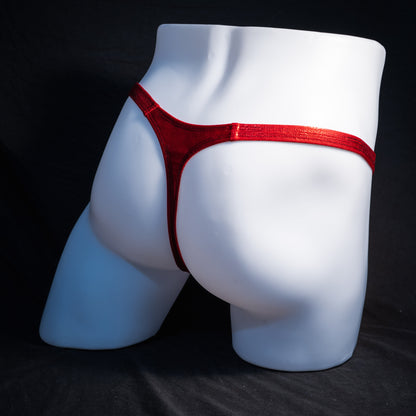 Men's red metallic thong underwear, classic cut, rear view.