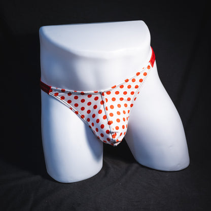 Men's red polka dot thong underwear, classic cut, Full front view