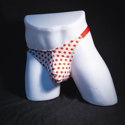 Men's red polka dot thong underwear, classic cut, Full front angled view