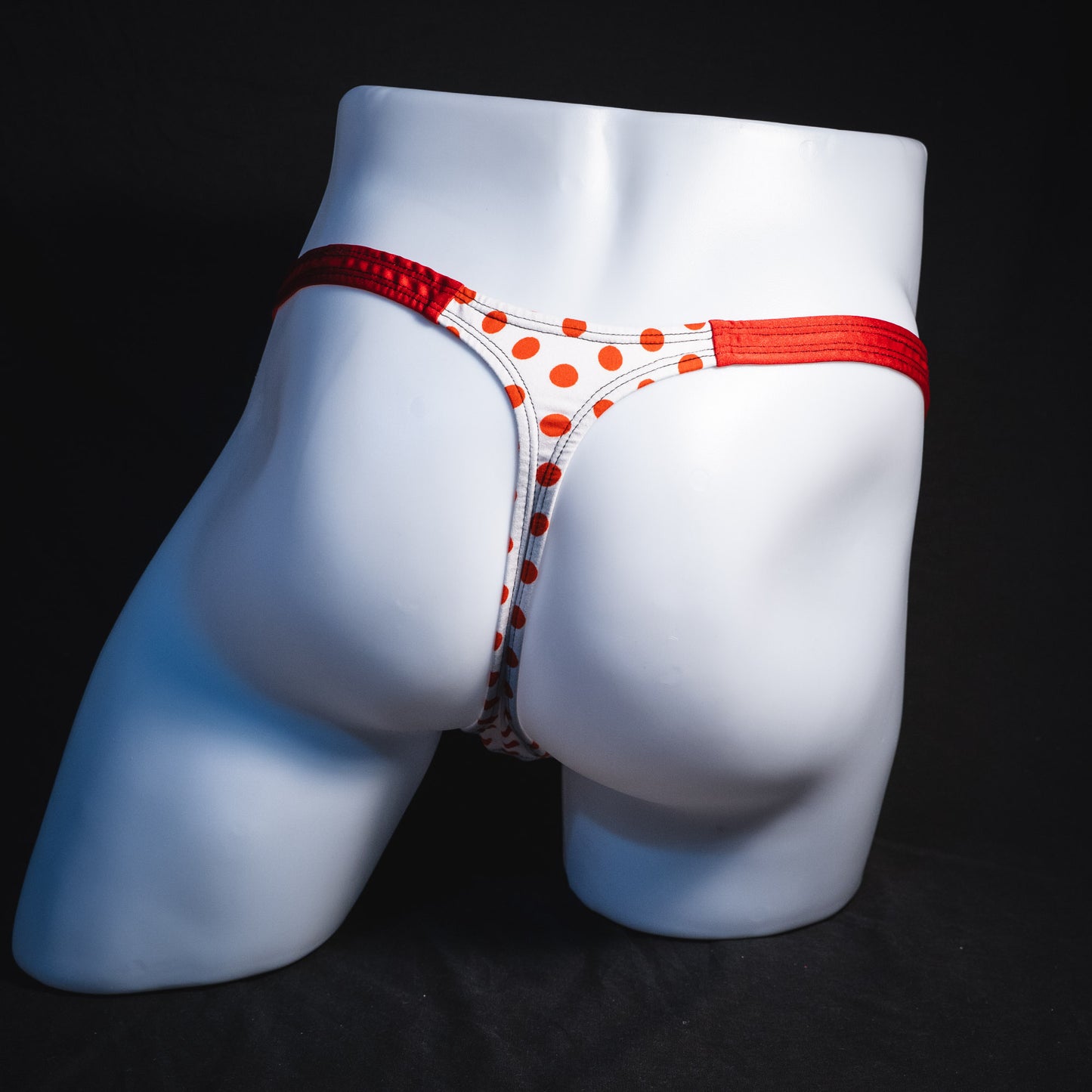 Men's red polka dot thong underwear, classic cut, Full rear view