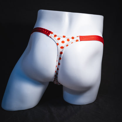 Men's red polka dot thong underwear, classic cut, Full rear view