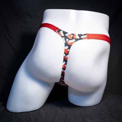 Men's red Santa hats, Christmas themed thong underwear, classic cut, rear view.