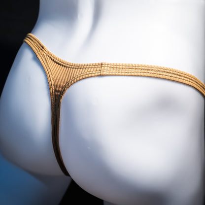 Men's ribbed gold thong underwear, classic cut, rear view.