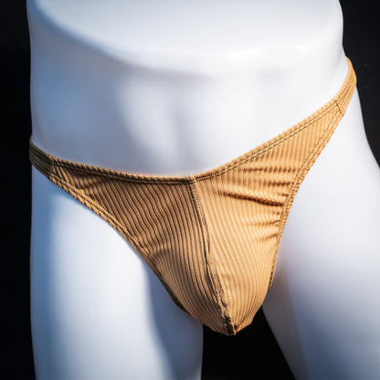Men's ribbed gold thong underwear, classic cut, front view.