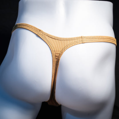 Men's ribbed gold thong underwear, classic cut, rear view.
