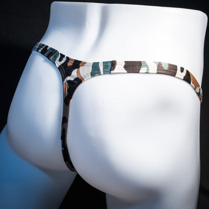 Men's sage desert camouflage thong underwear, classic cut, rear view.