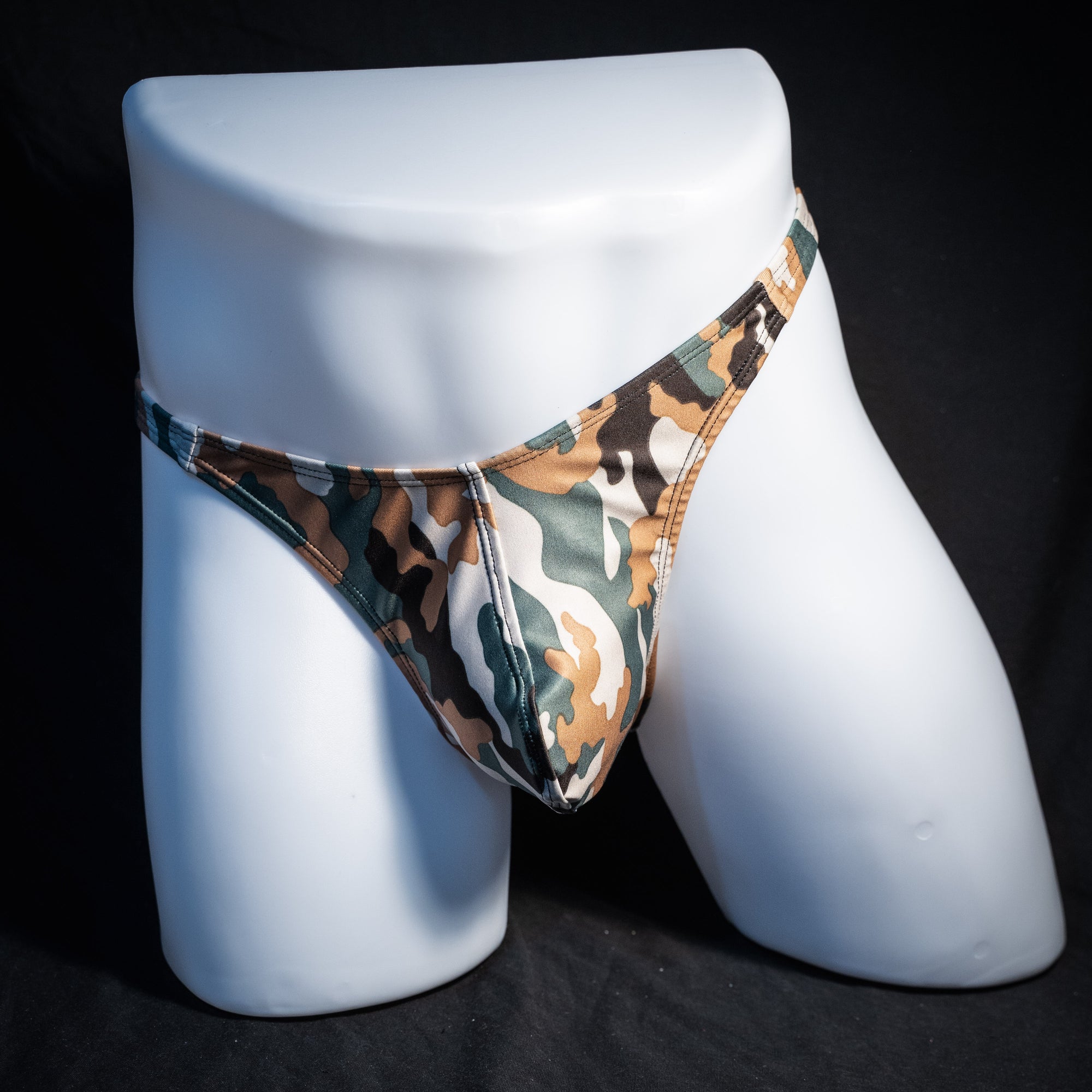 Men's sage desert camouflage thong underwear, classic cut, front view.
