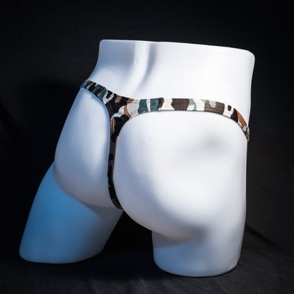 Men's sage desert camouflage thong underwear, classic cut, rear view.