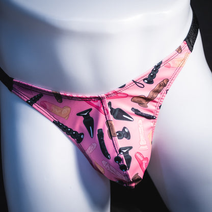 Men's sex toy print thong underwear, classic cut, Front view