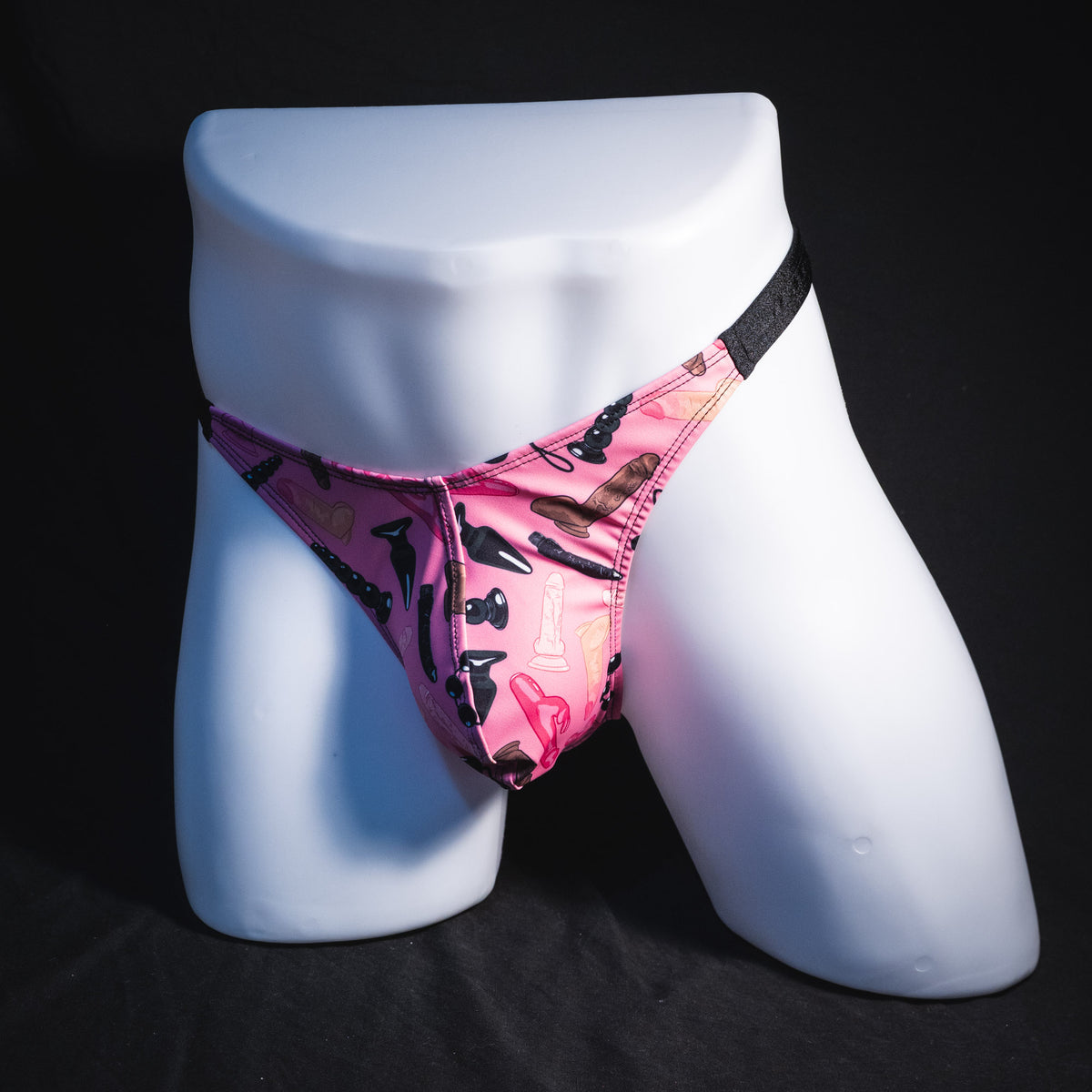 Men's sex toy print thong underwear, classic cut, Full front angle view