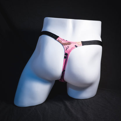 Men's sex toy print thong underwear, classic cut, Full rear view