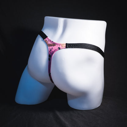Men's sex toy print thong underwear, classic cut, Full rear angled view